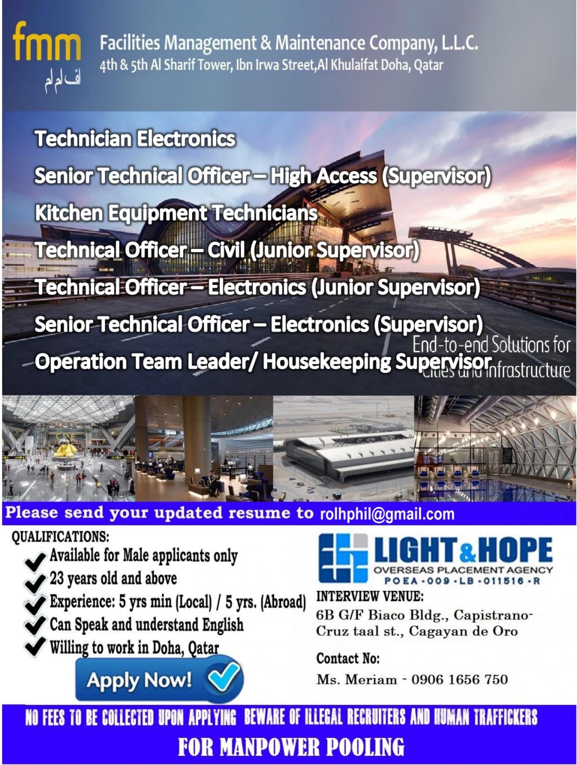 Light and Hope Agency Cagayan de Oro Hiring - Bound to Qatar - Jobzeee