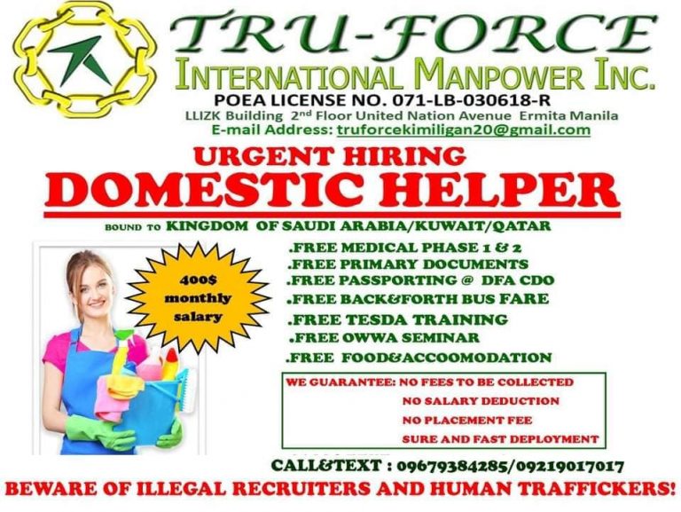 Domestic Helper Hiring Tru Force International Manpower Iligan Branch Jobzeee