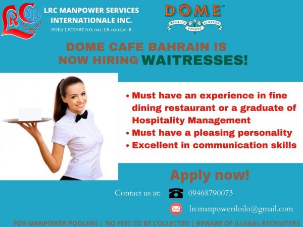 Hiring Waitresses Bound For Bahrain Jobzeee