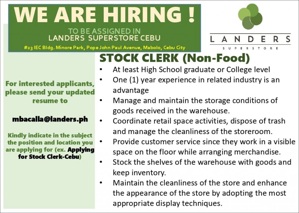 Stock clerk job description philippines